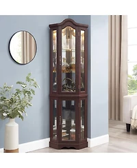 Streamdale Lighted Oak Curio Cabinet with Tempered Glass Doors & Shelves - Dark Cherry