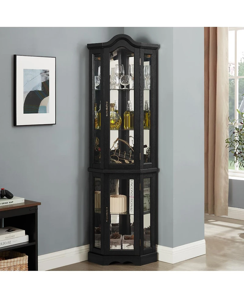 Streamdale Lighted Oak Curio Cabinet with Tempered Glass Doors & Shelves