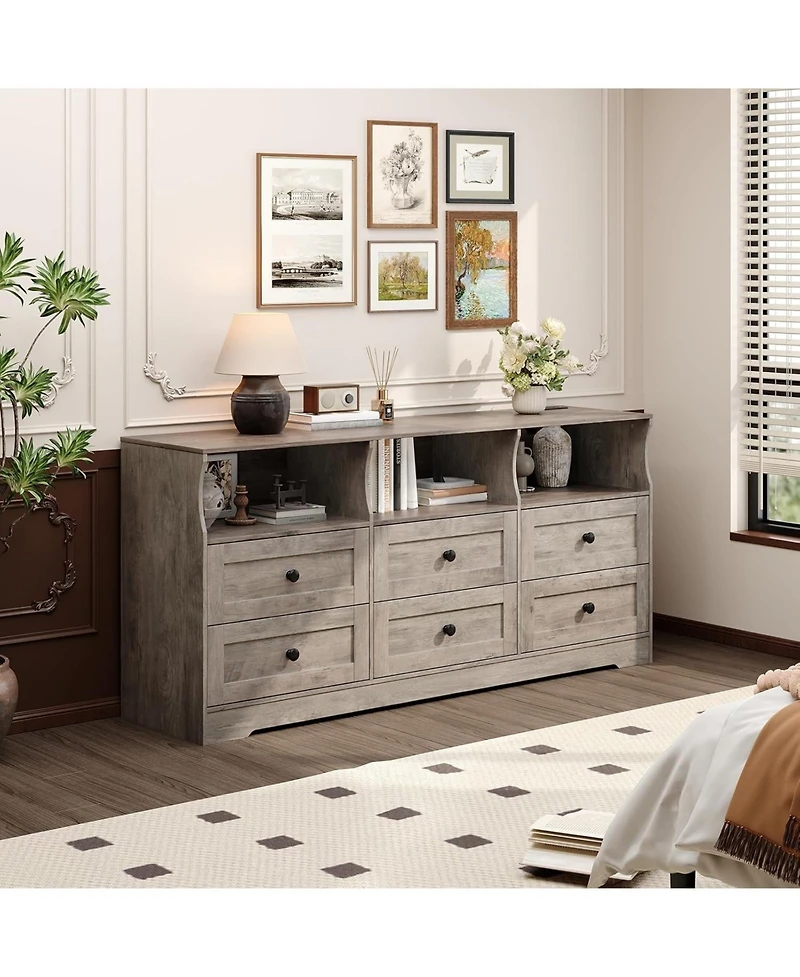 gaomon 6 Drawer Dresser for Bedroom with Power Outlets & Led Light, Slim Wooden Chest of Drawers with Open Shelf