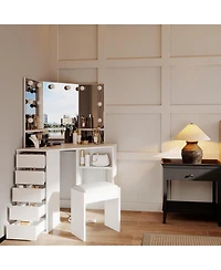 gaomon Corner Vanity and Stool, Corner Vanity Desk with Mirror and Lights, Corner Makeup Vanity with Power Outlet, 3 Color