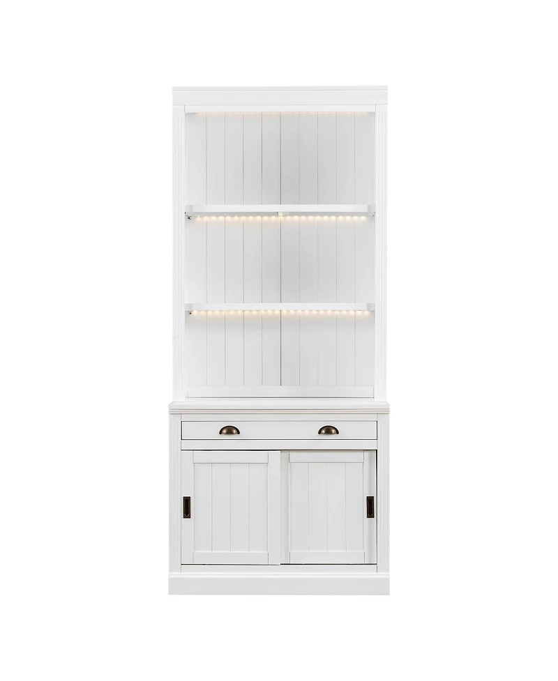 Streamdale Furniture 83.4" Tall Bookshelf with 3-Layer Led Lightings and Sliding Doors, White