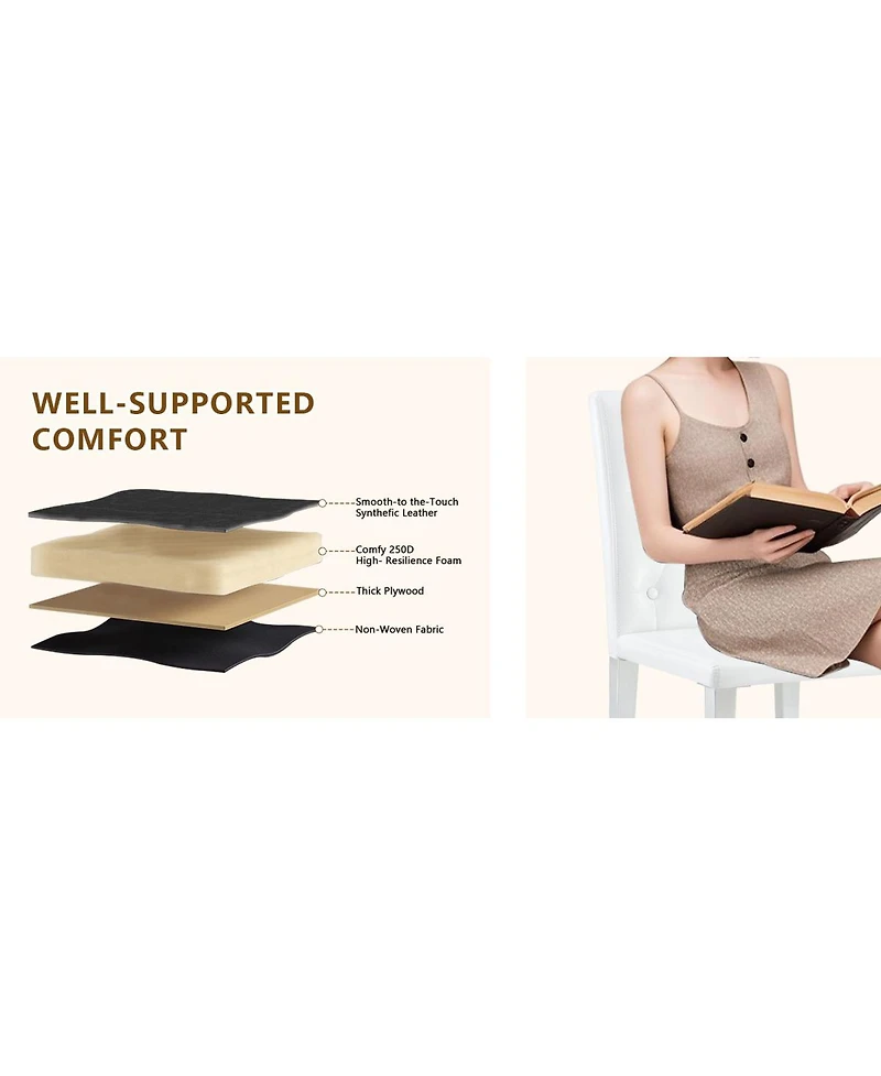 Streamdale Furniture 4-pack White Pu dining chairs, ergonomic buckle backrest, 35"H, silver legs.