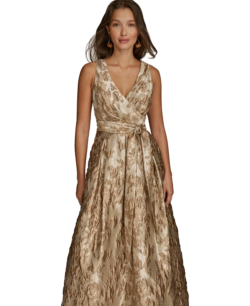 Donna Karan Petite Sleeveless Metallic Brocade V-Neck Ball Gown
