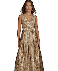 Donna Karan Petite Sleeveless Metallic Brocade V-Neck Ball Gown