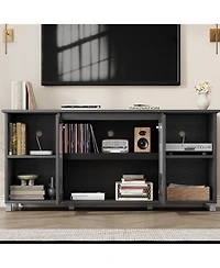 gaomon Modern Tv Stand for 70" Tv, Black Entertainment Center with Shelves and Glass Doors