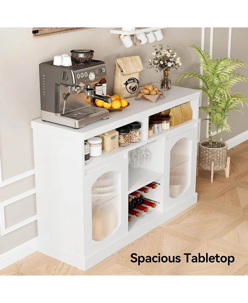 gaomon Modern Coffee Cabinet with Led Lights, Coffee Bar Table with 2 Glass Doors, White Bar Cabinet with with Wine Racks for Kitchen, Dining Room