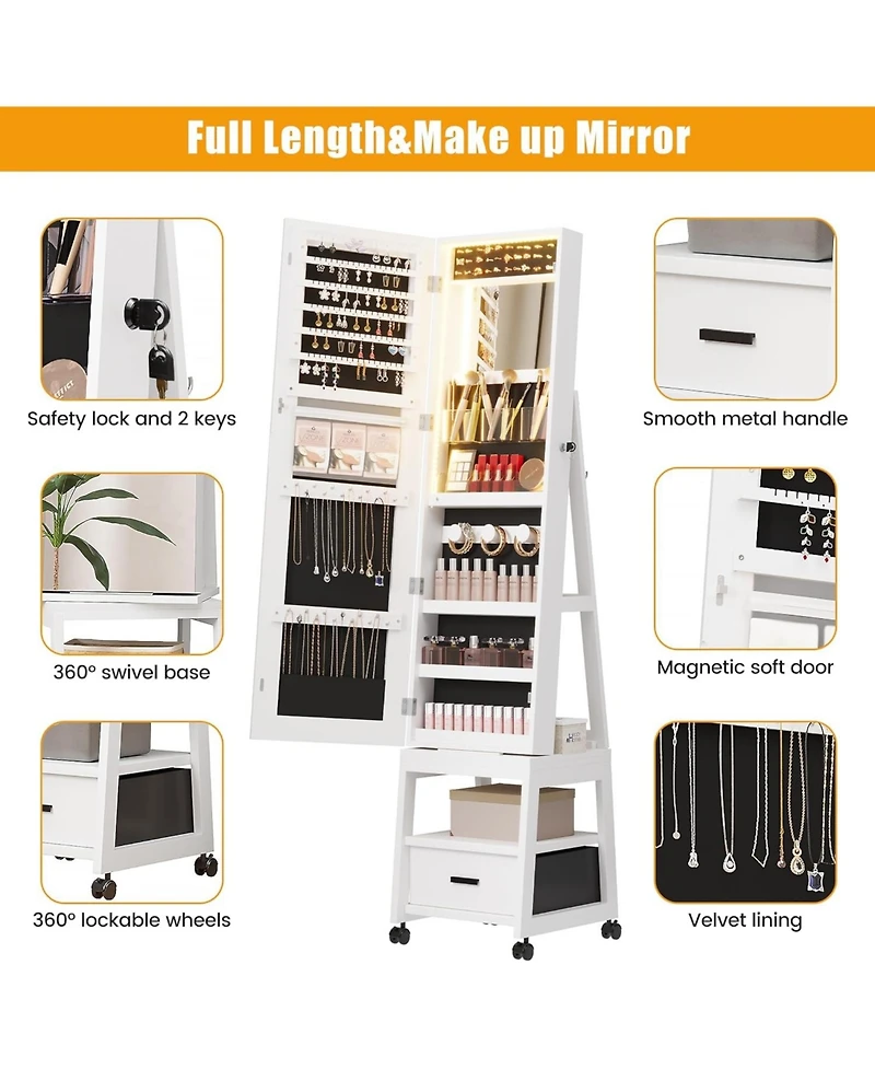 gaomon 360° Swivel Jewelry Cabinet with Led Lights,Inside Makeup Mirror,Rotatable Full Length Mirror with Jewelry Storage