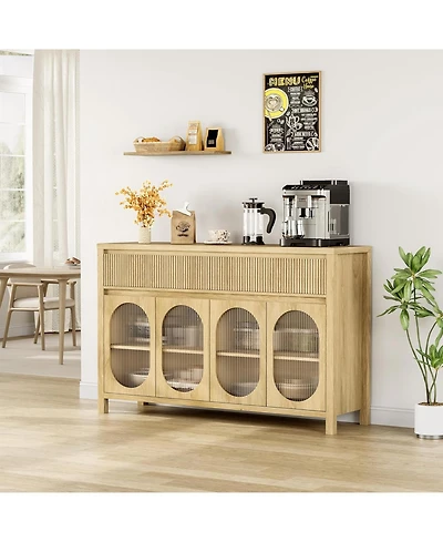 gaomon 55" Large Sideboard Buffet Cabinet with Storage and 2 Fluted Drawer Front, Buffet Table Coffee Bar Storage Cabinet with 4 Glass Doors