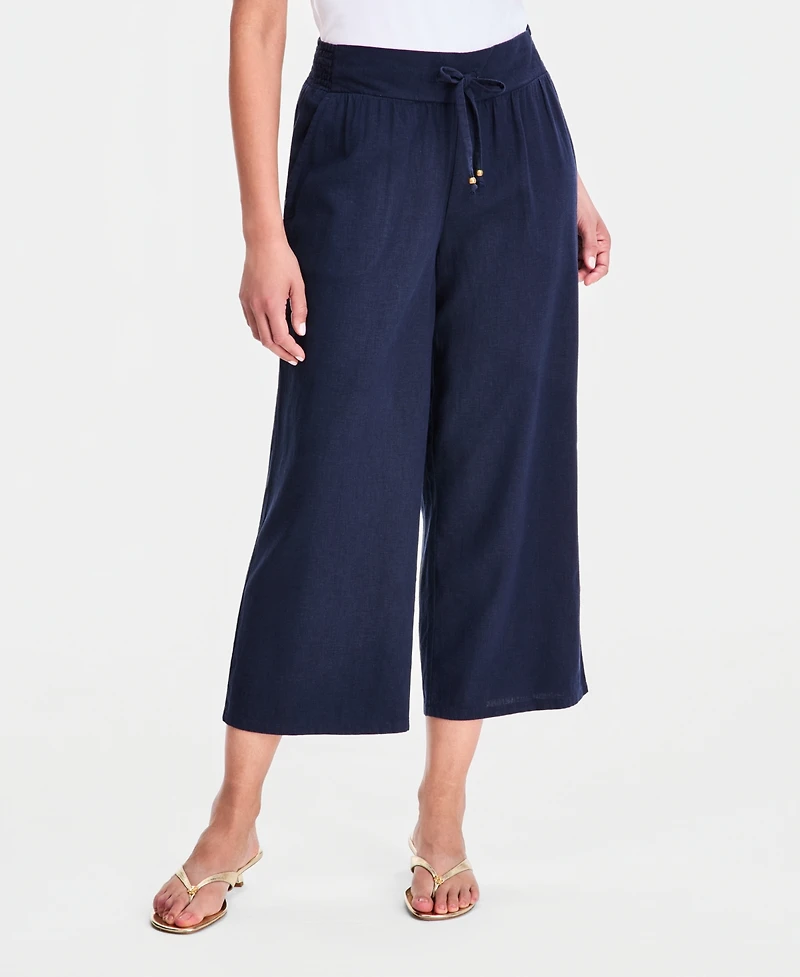 Jm Collection Women's Cropped Drawstring Linen-Blend Wide-Leg Pants, Macy's Exclusive