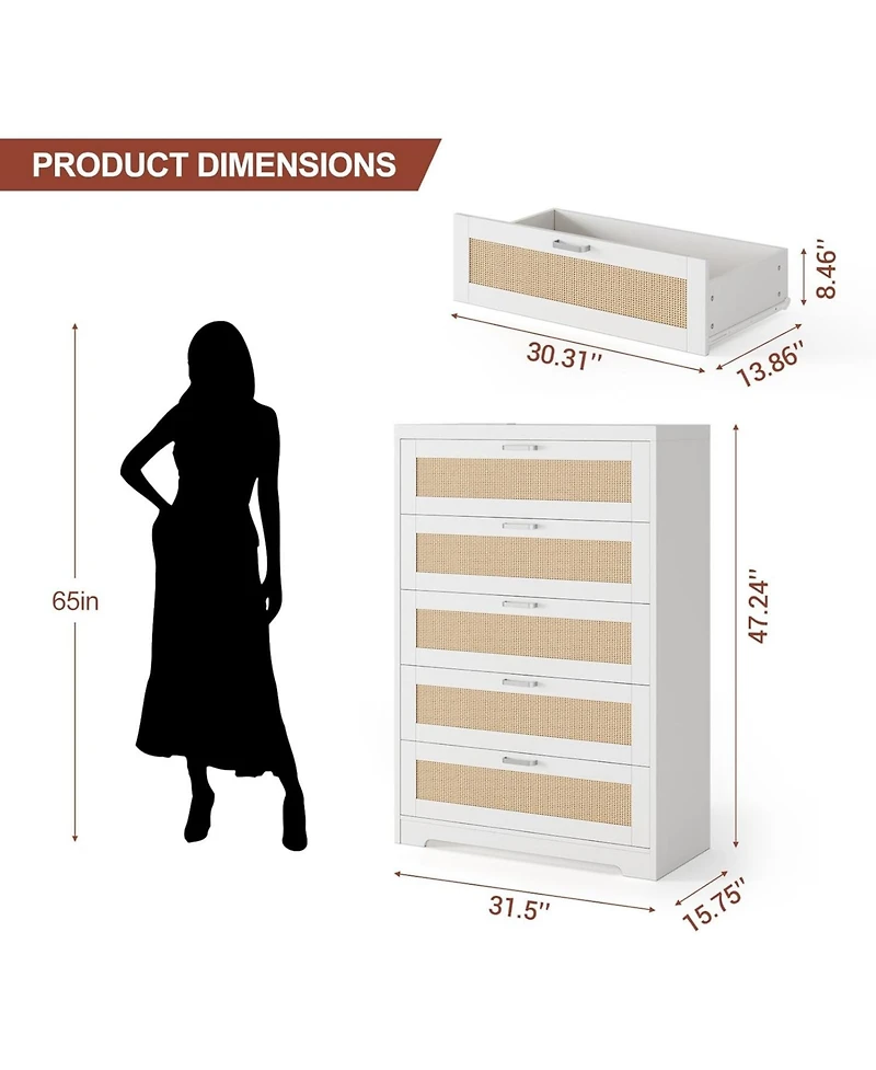 gaomon 5-Drawer Modern Rattan Tall Dresser, Wide Top, Wooden Storage Cabinet for Bedroom, Living Room, Hallway, Entryway