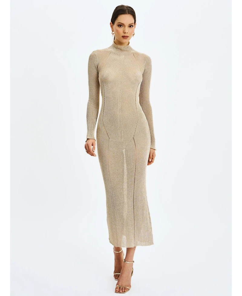 Miss Circle Women's Shay Gold Stretch Knit Backless Long Sleeve Dress