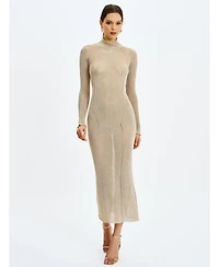 Miss Circle Women's Shay Gold Stretch Knit Backless Long Sleeve Dress