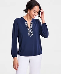 Jm Collection Women's Long-Sleeve Crepe Embellished-Neck Top, Macy's Exclusive