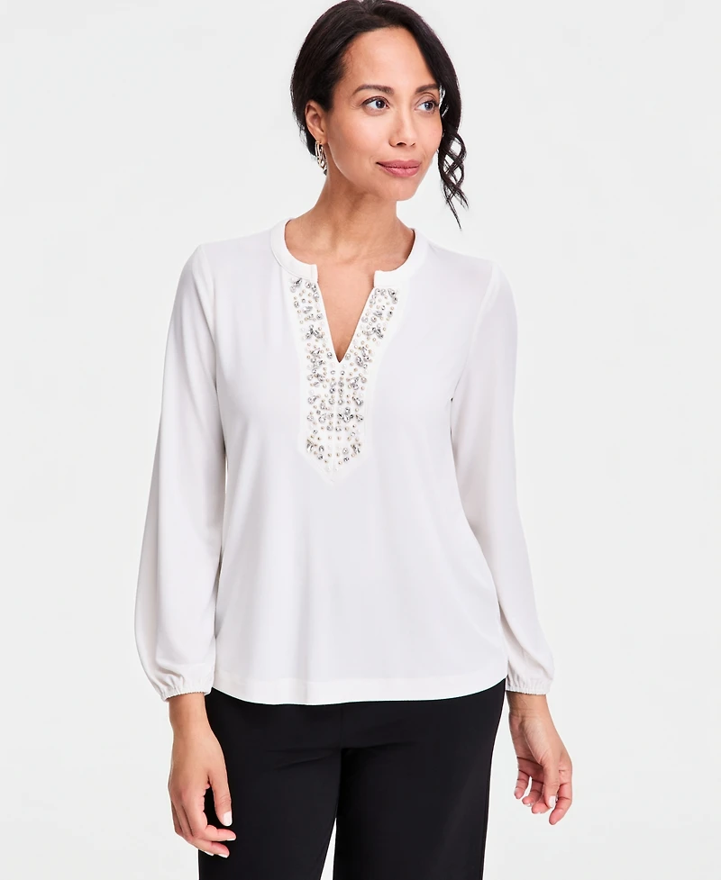 Jm Collection Women's Long-Sleeve Knit Embellished-Neck Top, Macy's Exclusive