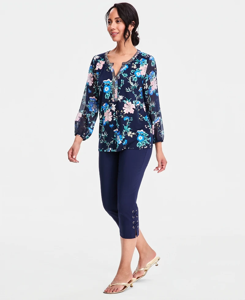 Jm Collection Women's Printed Chiffon-Sleeve Split-Neck Top, Macy's Exclusive