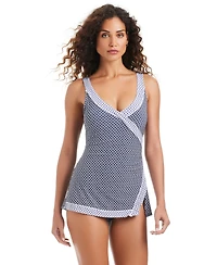 Beyond Control Women's Block-Print Over-The-Shoulder Surplice Swim Dress