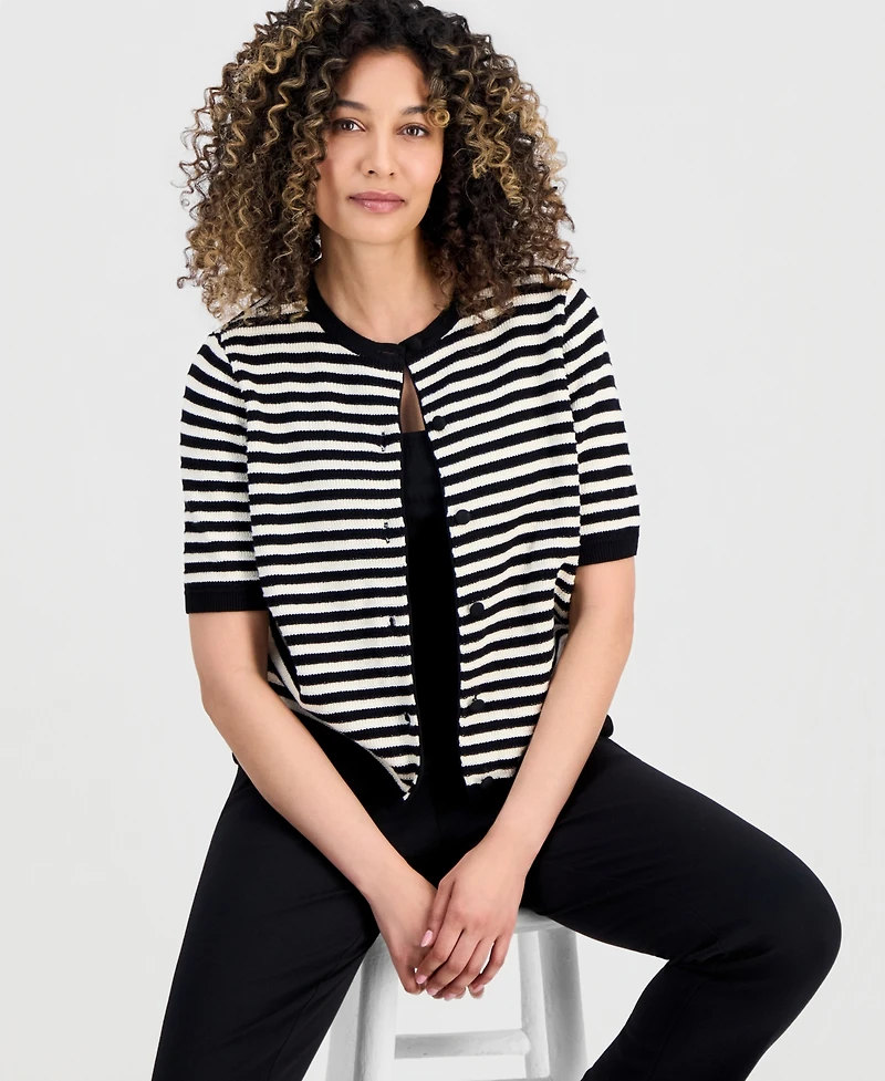 Jones New York Petite Striped Short-Sleeve Cardigan