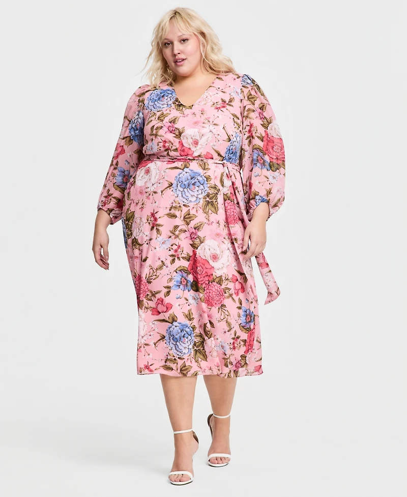 Anne Klein Plus Belted V-Neck Dress