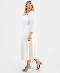 Anne Klein Plus Asymmetric-Neck 3/4-Sleeve Midi Dress