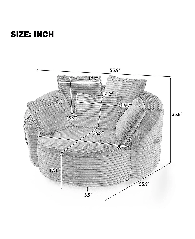Streamdale Furniture360° Swivel Corduroy Accent Barrel Chair with 5 Pillows & Phone Holder, Black