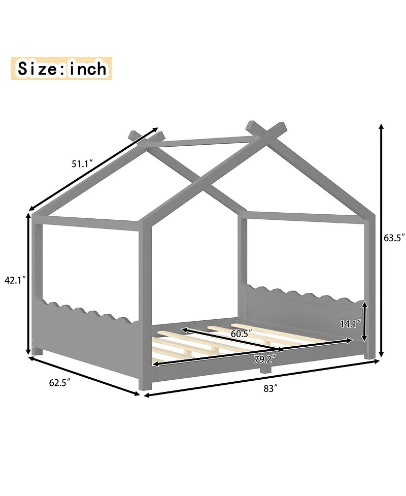 Streamdale Furniture Queen House Floor Bed with Slats, Solid Wood Frame for Kids