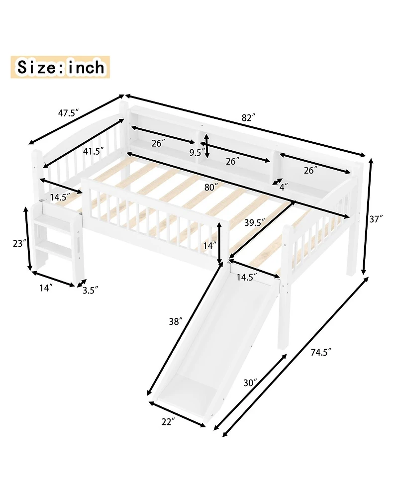 Streamdale Furniture Twin Xl Loft Bed with Storage, Solid Wood, Led Lights, Guardrails