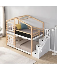 Streamdale Furniture Twin over Twin Bunk Bed House Bed with Storage Ladder Platform Bed
