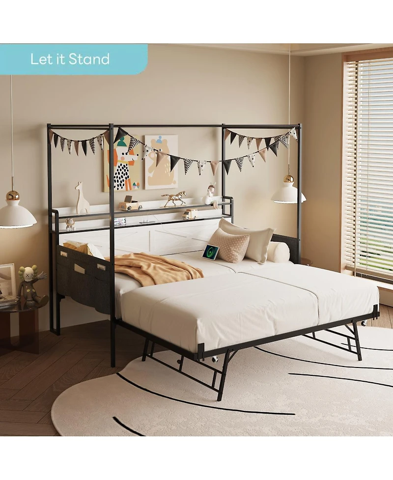 Streamdale Furniture Twin Daybed with Trundle - Heavy-Duty Metal Frame with Guardrails, White