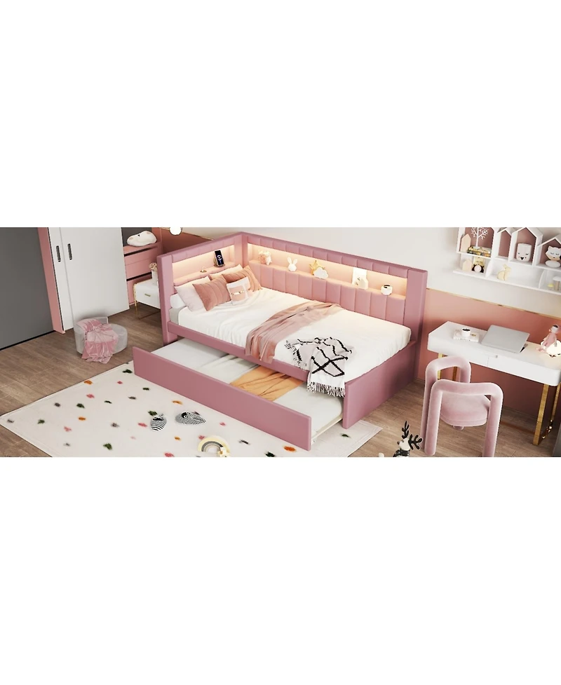 Streamdale Furniture Twin Platform Bed with Usb & Led Trundle