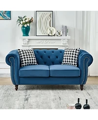 Streamdale Furniture 3+2 Seater Blue Chesterfield Velvet Sofa with Roll Armrest & Nailhead