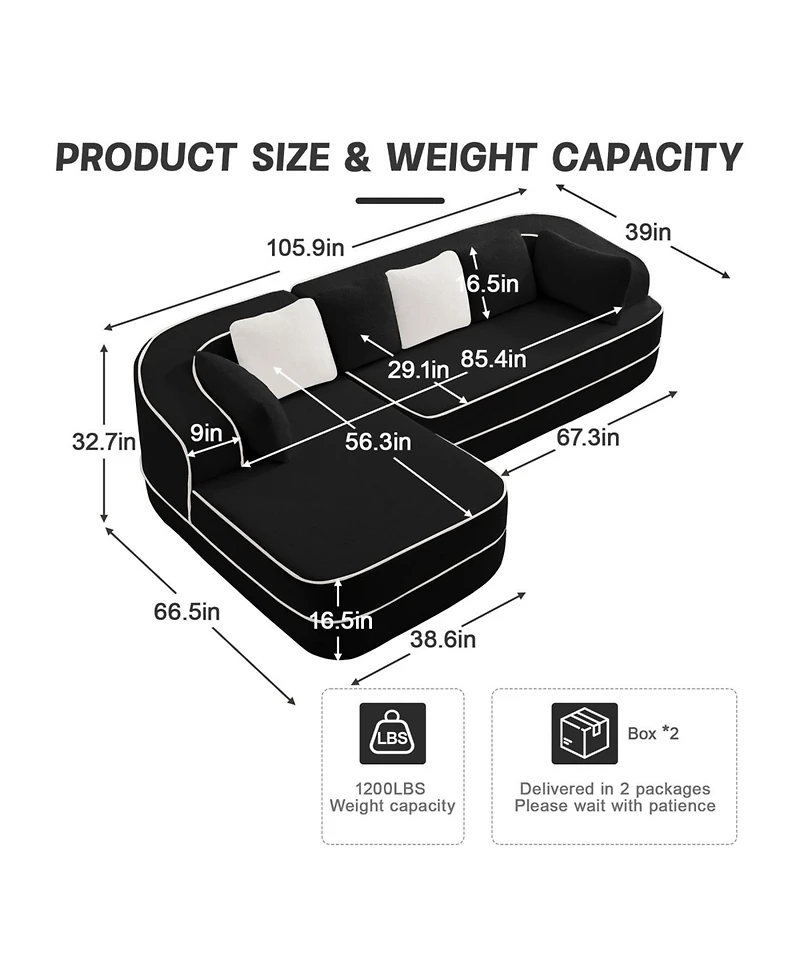Streamdale Furniture 106" Teddy Fabric Boneless Sofa, Contrast Color L-Shaped Chaise Couch