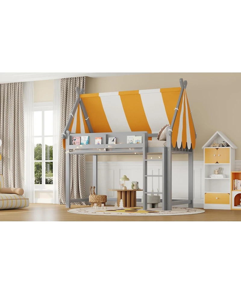 Streamdale Furniture Twin Loft Bed with Canopy, Led Lights & Book Shelf