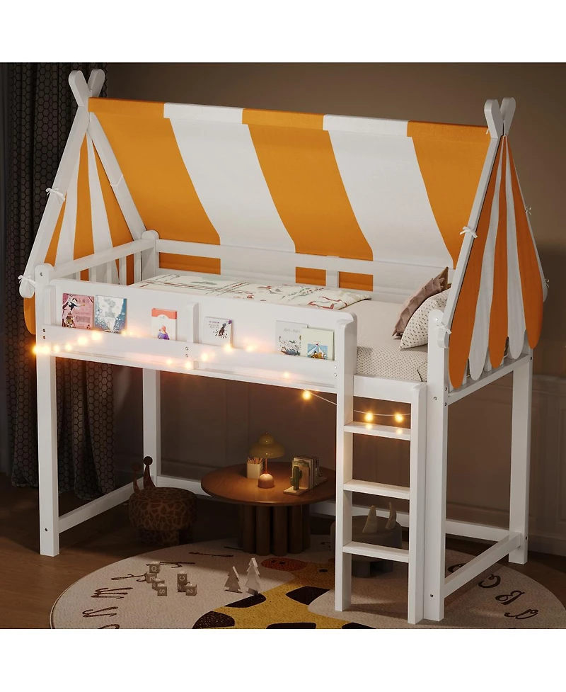 Streamdale Furniture Twin Loft Bed with Canopy, Led Lights & Book Shelf