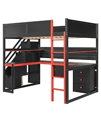 Streamdale Furniture Full Size Wooden Gaming Loft Bed with Storage Stairs, Desk, Shelves & Pegboard