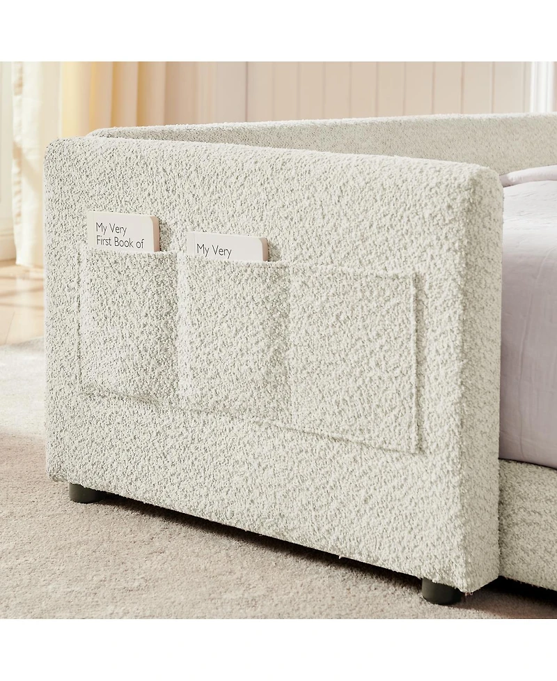 Streamdale Furniture Streamdale Cute Rabbit Ear Boucle Platform Bed with Safety Rail & Pocket, Beige