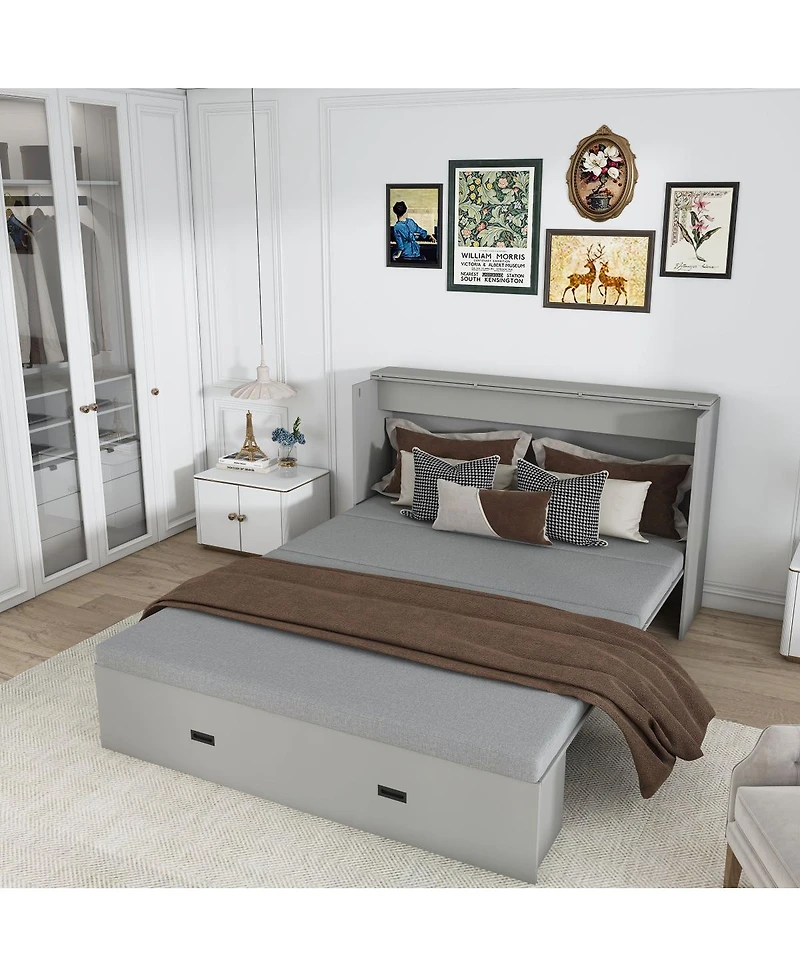 Streamdale Furniture 57" Murphy Bed with Storage, Charging Cabinet, Foldable Panels, Swivel Wheels, Gray