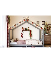 Streamdale Furniture Twin House Floor Bed with Slats, Solid Wood House Bed Frame for Kids, Gray