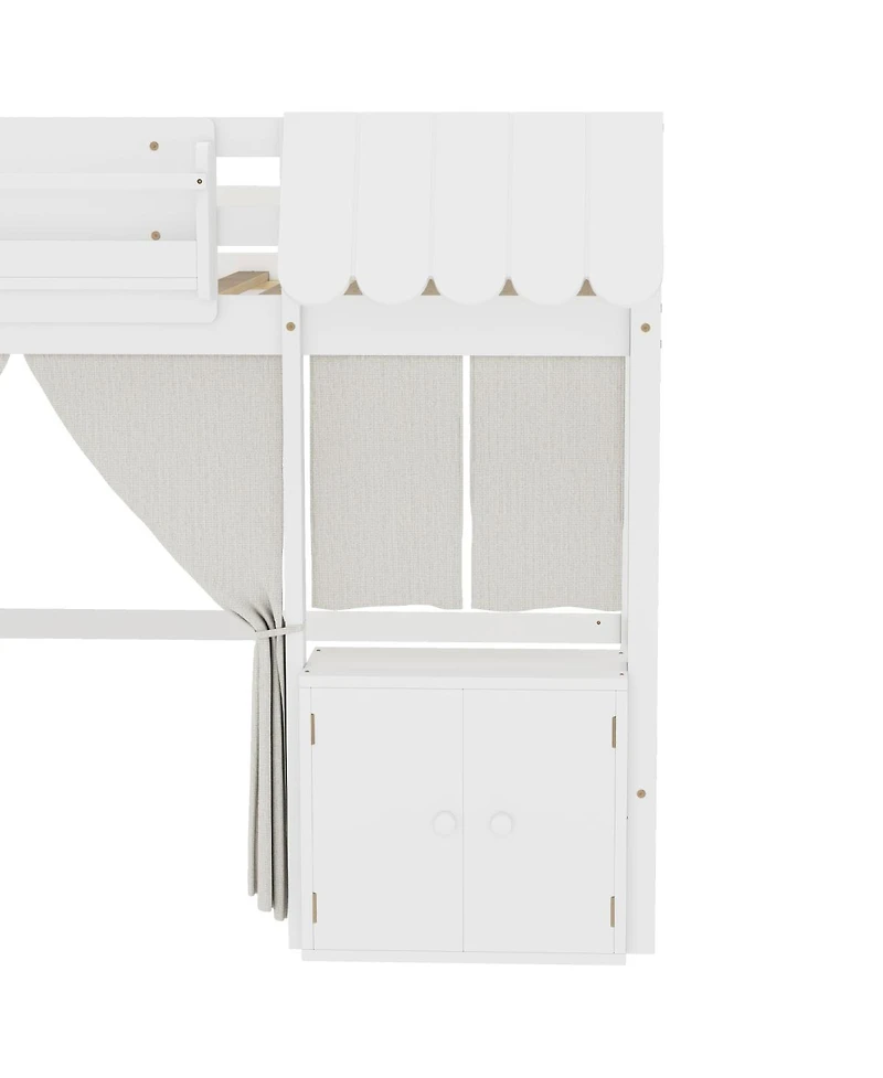 Streamdale Furniture Full Loft Bed with Bookshelf, Curtain, Storage Shelf, Playful Design, White