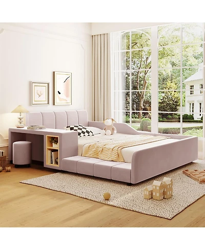 Streamdale Furniture Upholstered Grounded Bed with Bedside Desk & Stool