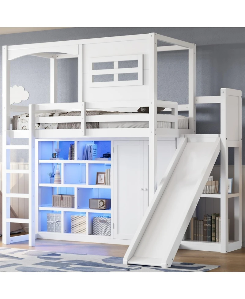 Streamdale Furniture Wood Twin Size Loft Bed with Wardrobe, Storage Shelves, Slide and Led