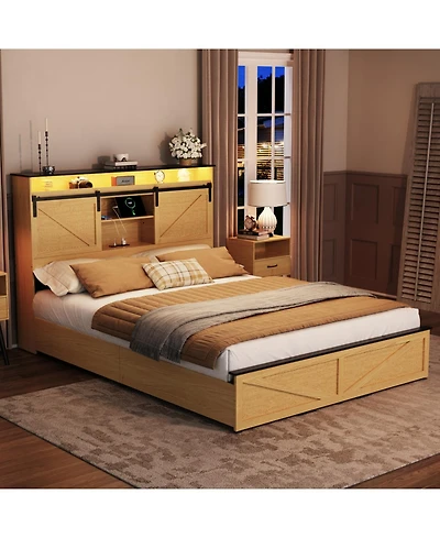Streamdale Furniture Farmhouse Queen Storage Bed Frame with Headboard, Drawers, Charging & Led