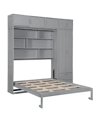 Streamdale Furniture Queen Size Wall Murphy Bed with Cabinet, Shelves & Wardrobe, Gray