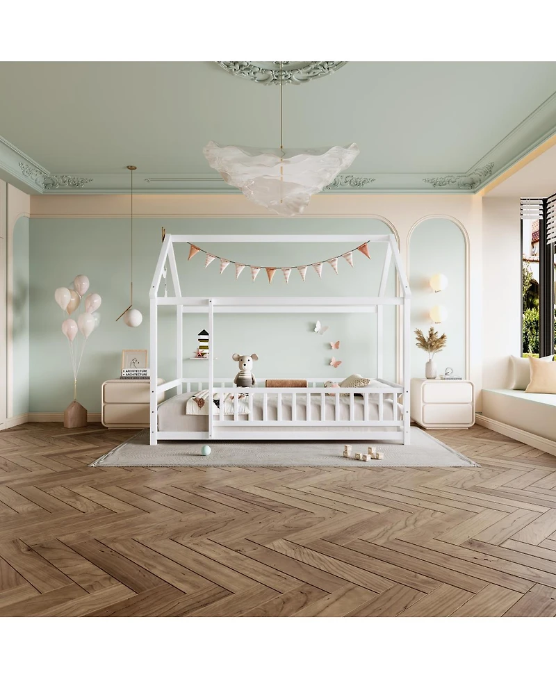 Streamdale Furniture Twin Size Floor Wooden Bed with House Roof Frame