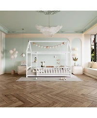 Streamdale Furniture Twin Size Floor Wooden Bed with House Roof Frame