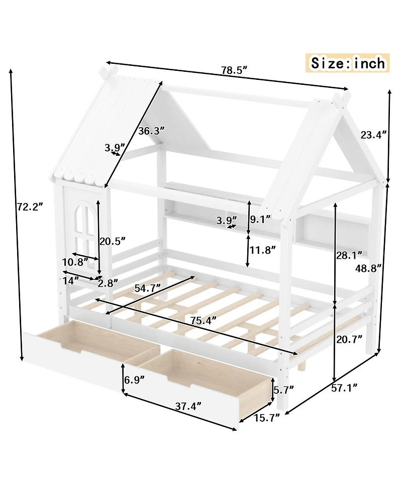 Streamdale Furniture Full House Beds with Storage Drawers and Window, Solid Wood House Platform Bed Frame, White