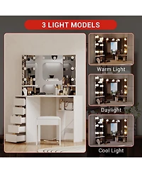 gaomon Corner Vanity and Stool, Desk with Mirror Lights, Makeup Power Outlet
