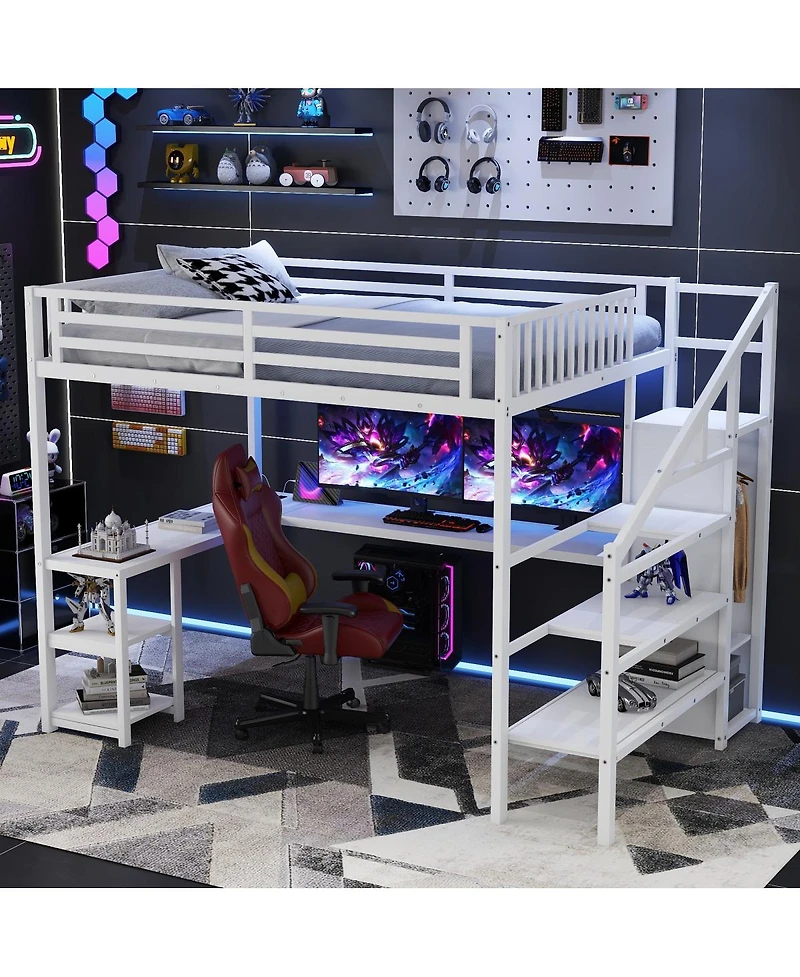 Streamdale Furniture Metal Queen Loft Bed with Wardrobe, Led Light & L-Shaped Desk