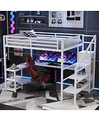 Streamdale Furniture Metal Queen Loft Bed with Wardrobe, Led Light & L-Shaped Desk