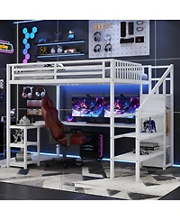 Streamdale Furniture Metal Queen Loft Bed with Wardrobe, Led Light & L-Shaped Desk