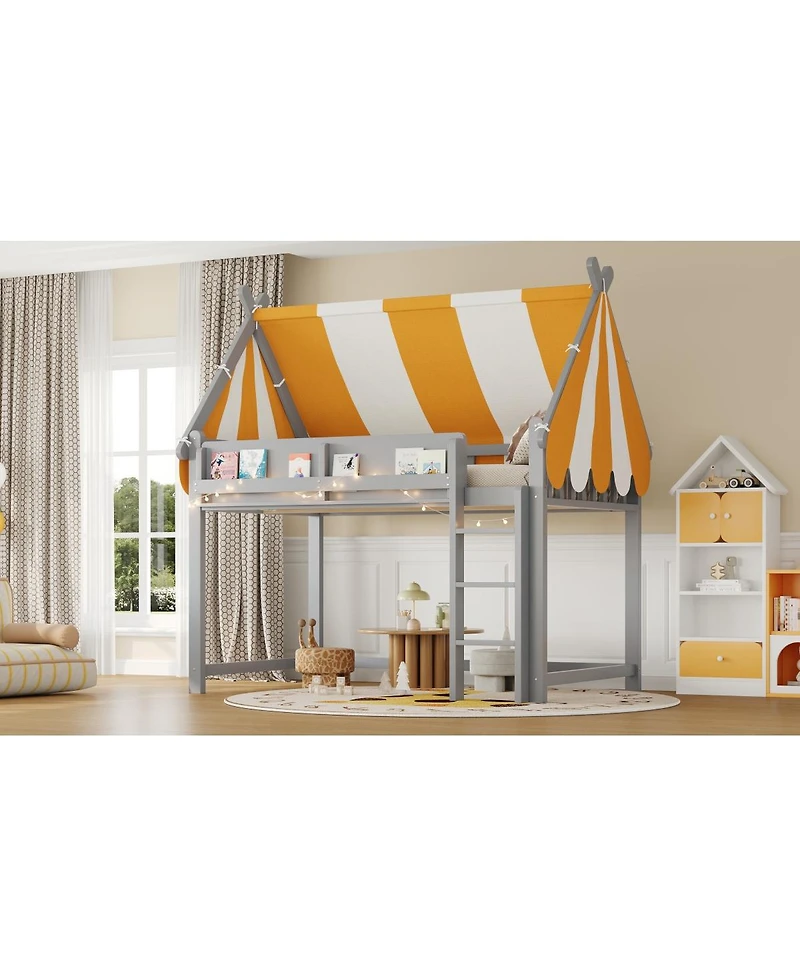 Streamdale Furniture Full Loft Bed with Canopy, Led Lights & Book Shelf